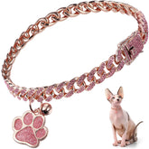Hillban Cat Collar Diamond Chain Glitter Collar Walking Metal with Secure Buckle Cat Pet Necklace with Paw Charm Link Cuban Jewelry Accessories with ID Tag Bell(10 Inch,Rose Gold, Pink)